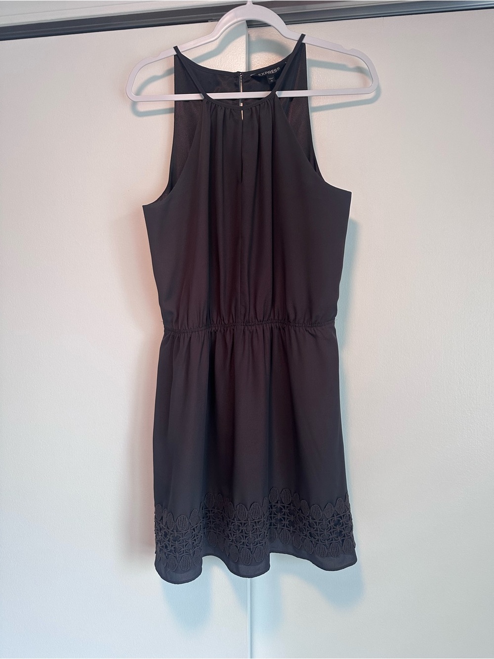 Express Gray Halter Mini Dress with Laser-Cut Hem Detail
